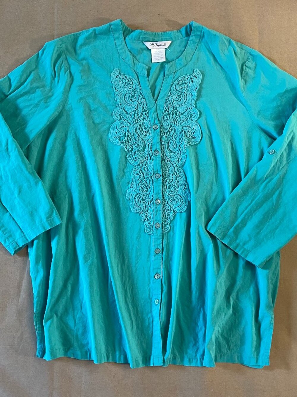 Ulla Popken Tunic Top Sz 2X Turquoise 100% Cotton Guipure lace Beach Resortware